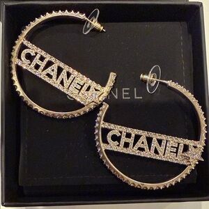 CHANEL 22S  Gold Crystal Star CC Logo Statement Hoop Earrings